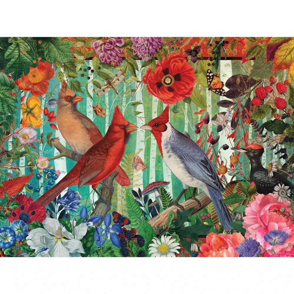 1000 Piece Puzzle  Cardinals Woodpecker poppies peonies pansies hydrangeas Birch